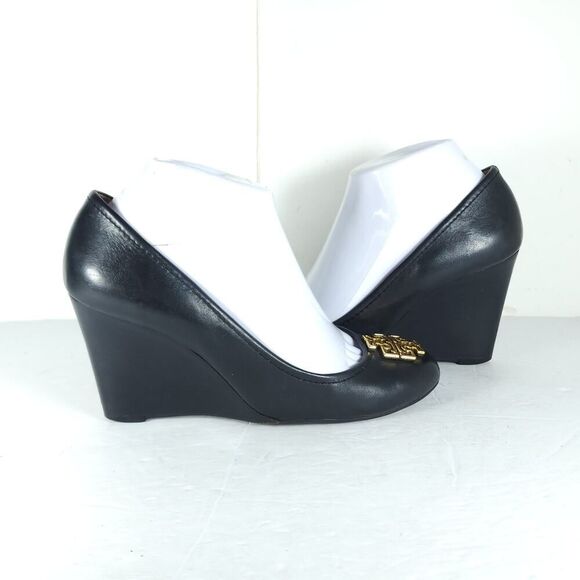 Tory Burch Women’s Melinda US 8M Black Leather Logo Slip On Wedge Pumps Shoes - Picture 7 of 16